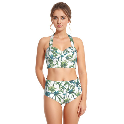 Suggested Title: Oceans4Us Women's Palm Leaf High-Waist Bikini Set