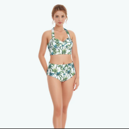 Suggested Title: Oceans4Us Women's Palm Leaf High-Waist Bikini Set